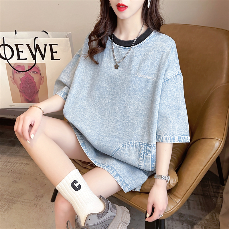 Real shot 2024 summer Korean style round neck pure cotton denim pocket simple large size short-sleeved T-shirt for women