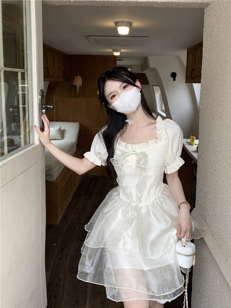 蝴蝶結公主風甜美連衣裙夏季2024新款絕美 設計感網紗拼接A字裙女