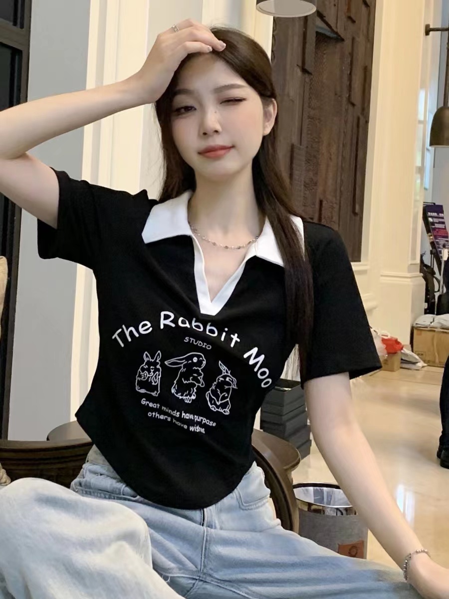 短袖t恤女夏季修身顯瘦印花正肩短款上衣T恤動物套頭通勤簡約休閒