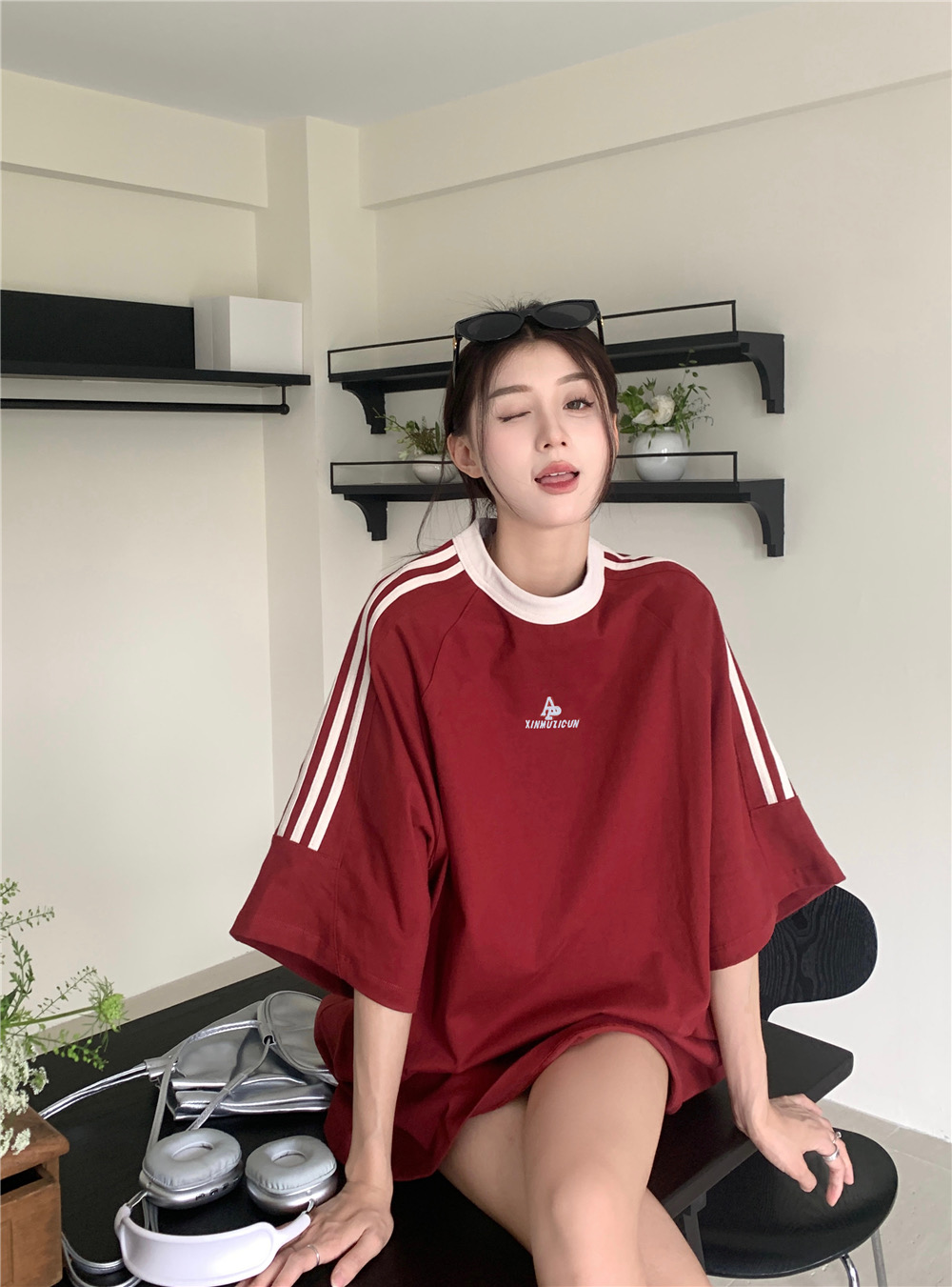 國潮牌撞色三條槓短袖t恤女夏季設計感小眾純棉寬鬆慵懶圓領上衣