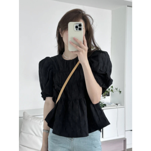Puff sleeve shirt for women summer 2024 new style French design small pleated loose short chic shirt