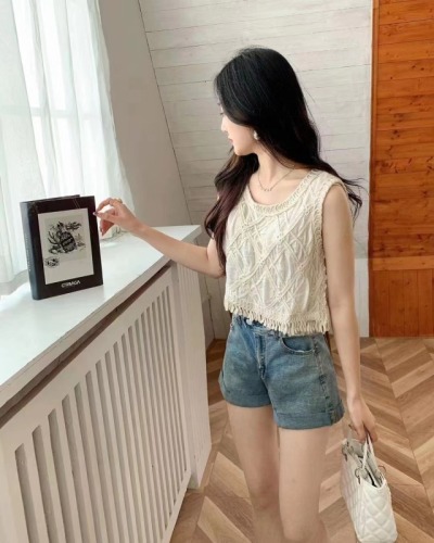 Niche design retro crochet hollow suspender first love style travel and vacation outer loose vest foreign style top