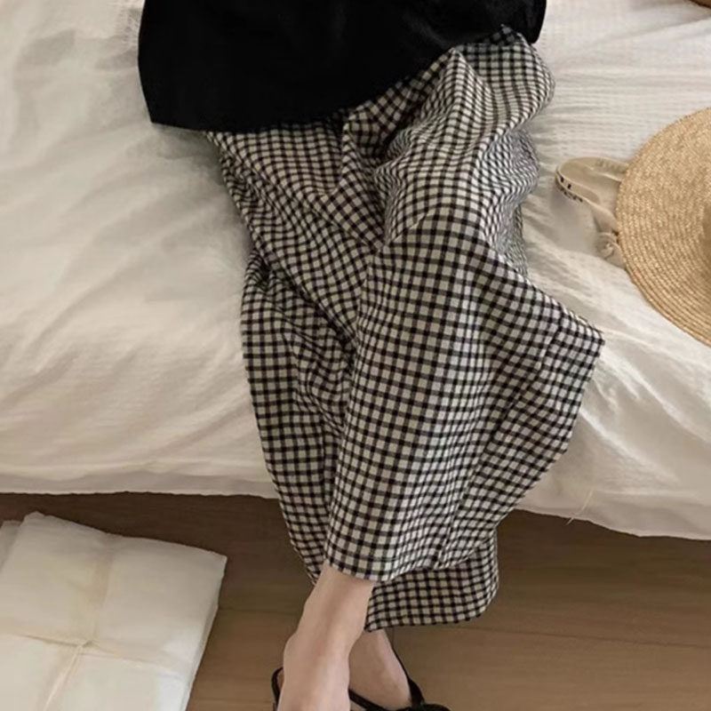 復古格子高腰休閒褲女新款韓版高腰垂感顯瘦直筒闊腿褲