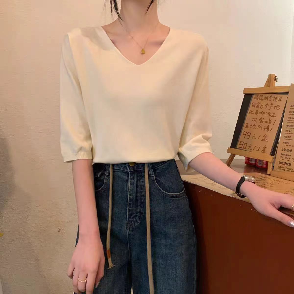 韓版復古v領短袖針織打底衫女2024夏季新款百搭白色顯瘦半袖上衣