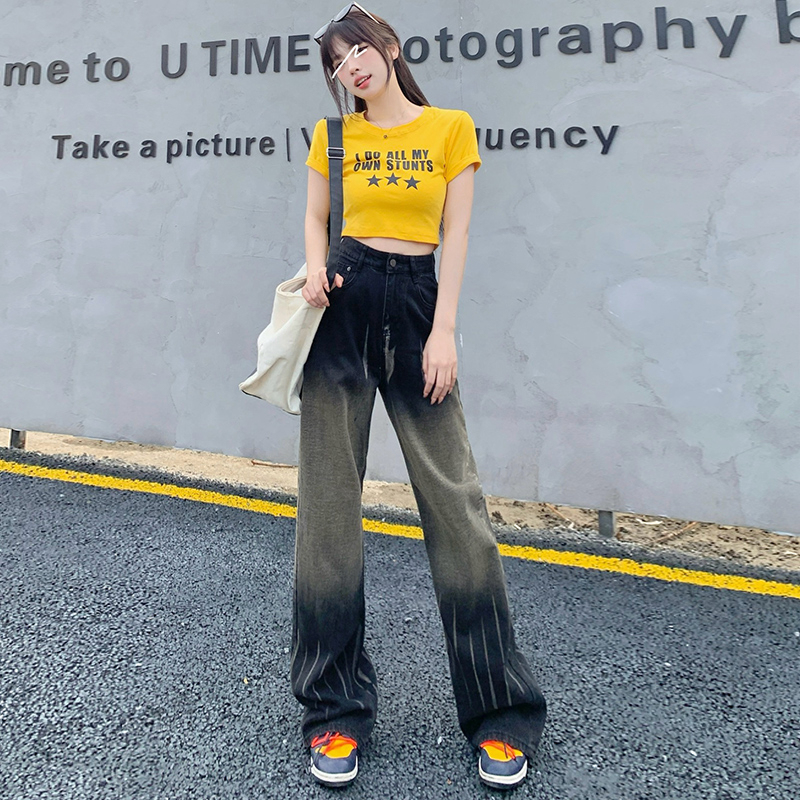 Actual shot of KYY tie-dyed gradient loose slimming straight floor-length trousers XS-XL