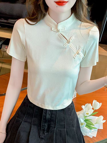 Official photo Summer new Chinese style retro stand collar short-sleeved cheongsam T-shirt women's gentle temperament sweet and spicy short top