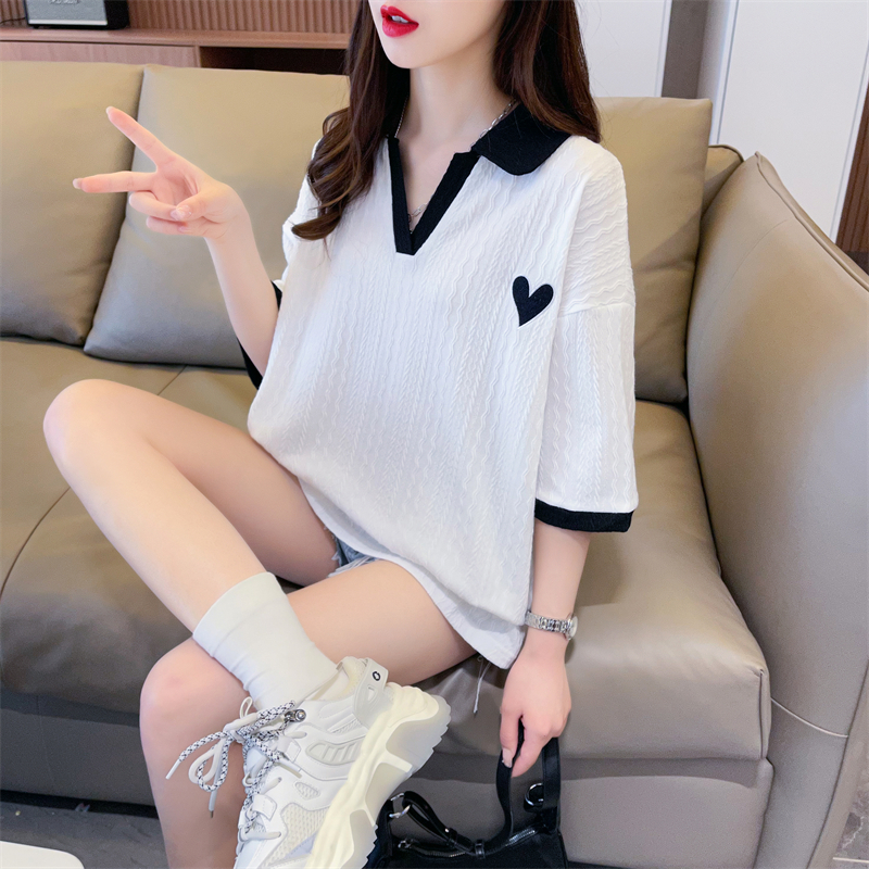 實拍 夏裝韓版寬鬆POLO領華夫格愛心刺繡大碼短袖T恤女