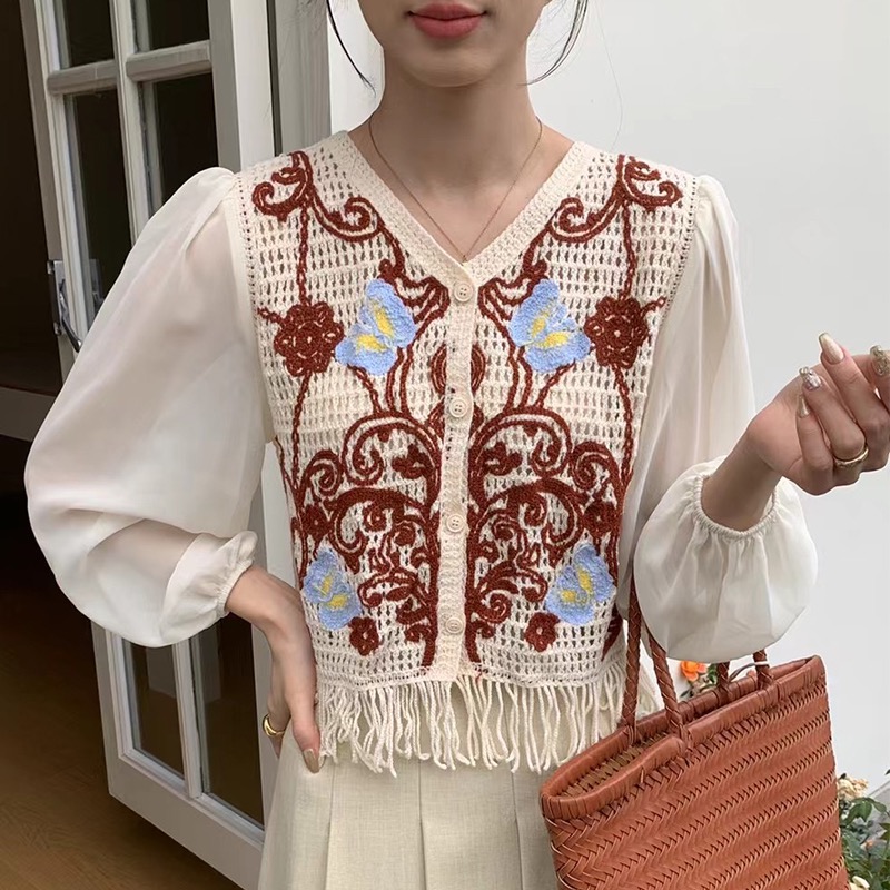 韓版防曬網紅款洋氣針織鈎花拼接長袖女春夏新款假兩件雪紡衫上衣