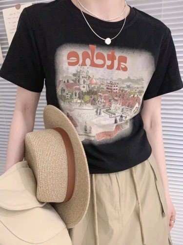 韩版时尚百搭洋气彩色字母地图印花休闲简约短袖T恤女