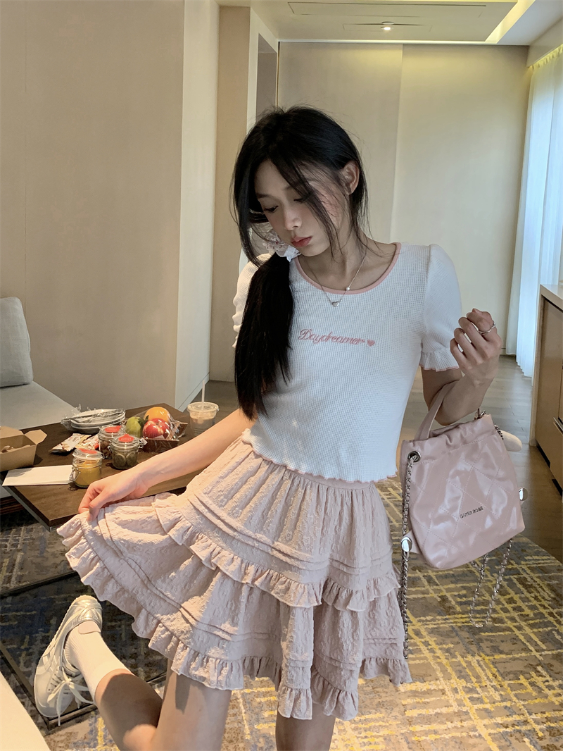 Real shot 50073 embroidered letters short-sleeved T-shirt top + 50075 high-waist skirt cake skirt short skirt
