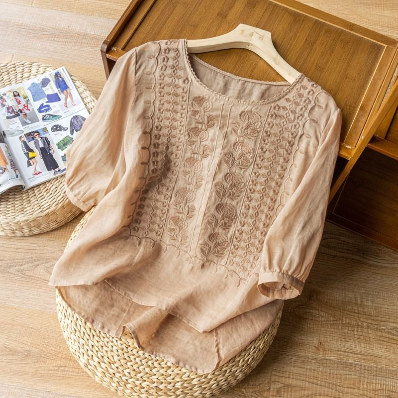 夏天薄款刺繡上衣女文藝復古透氣棉麻短袖t恤圓領衫