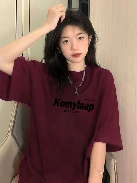 純棉美式復古紅t恤女ins潮oversize落肩短袖夏季慵懶風上衣服