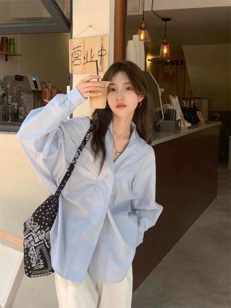 白色長袖襯衫女設計感小眾v領寬鬆百搭上衣休閒春秋季2024年新款