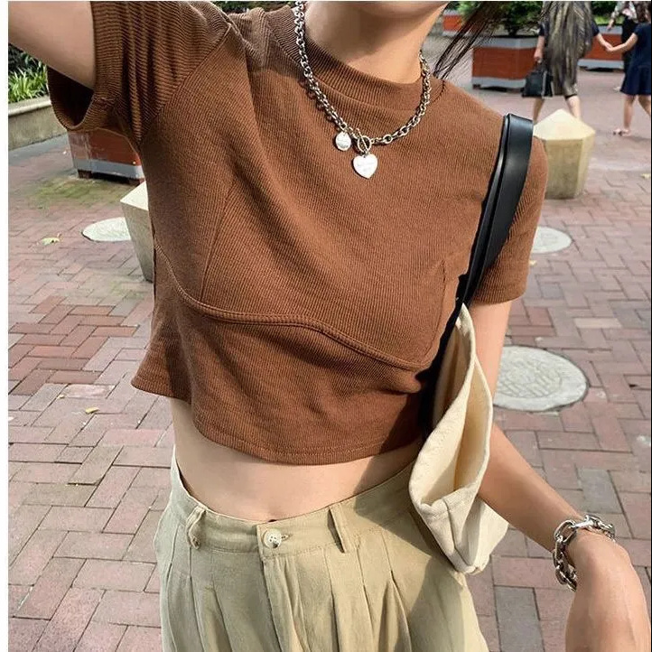 顯瘦修身短款短袖t恤女露腰打底衫內搭上衣