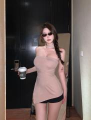 Real shot of hot girl with her own breast pads, pure desire slit, slim stretchy tube top for women