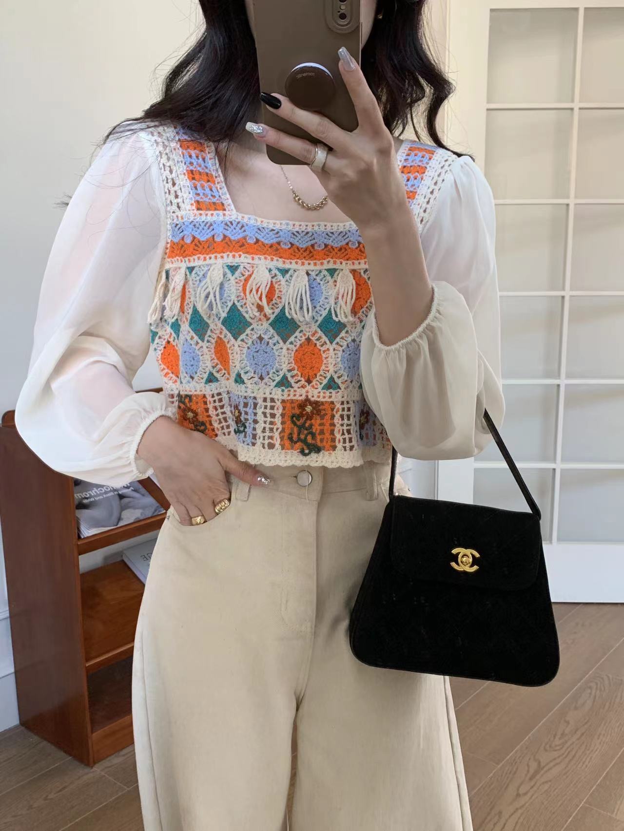 正肩方領長袖鈎花鏤空女春季2024新款高腰短款刺繡打底衫針織上衣