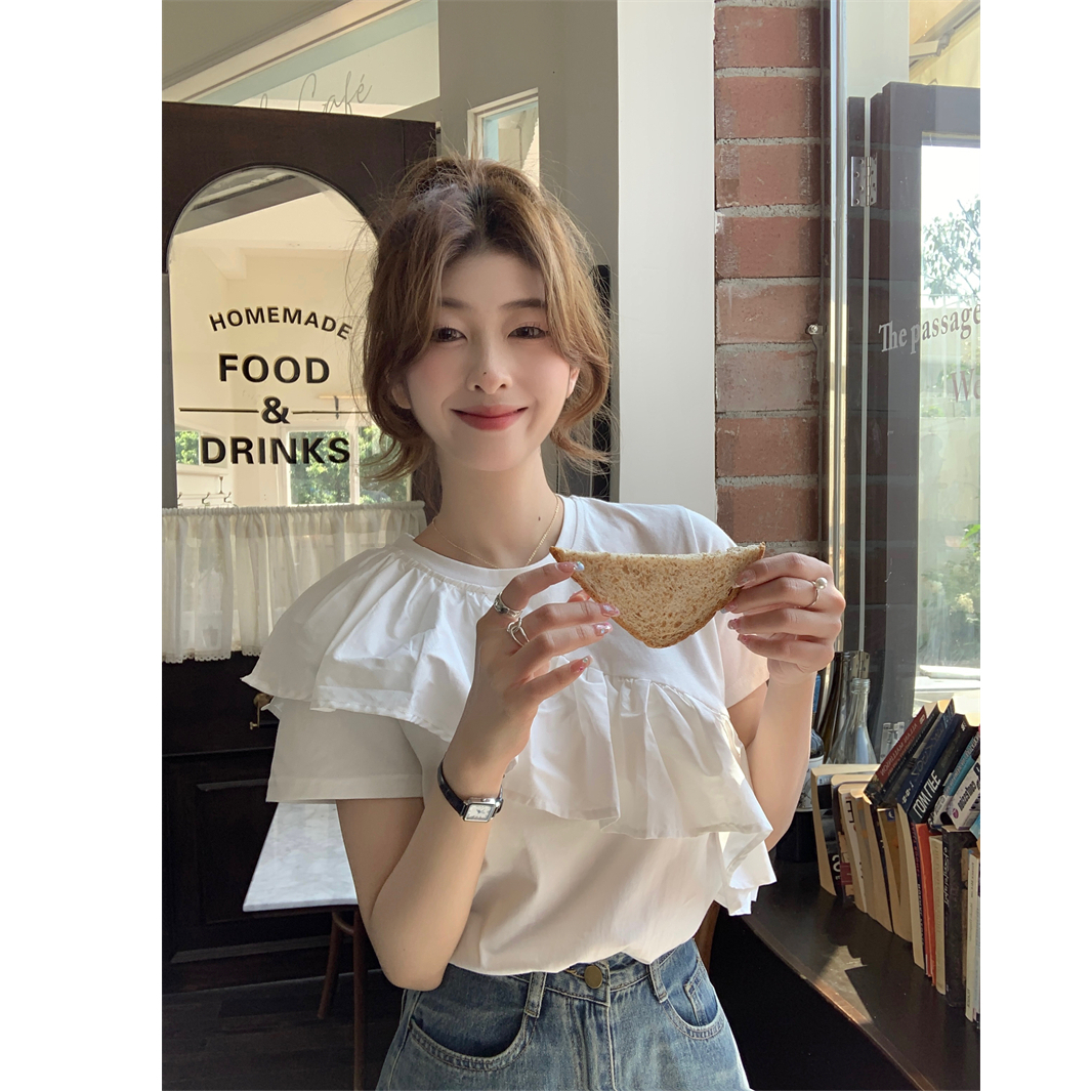 Ruffled short-sleeved T-shirt for women summer Korean version 2024 new design niche white unique top
