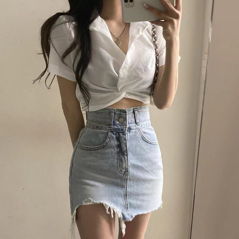 復古法式polo領襯衫女夏新款設計感小眾扭結上衣短款露臍T恤