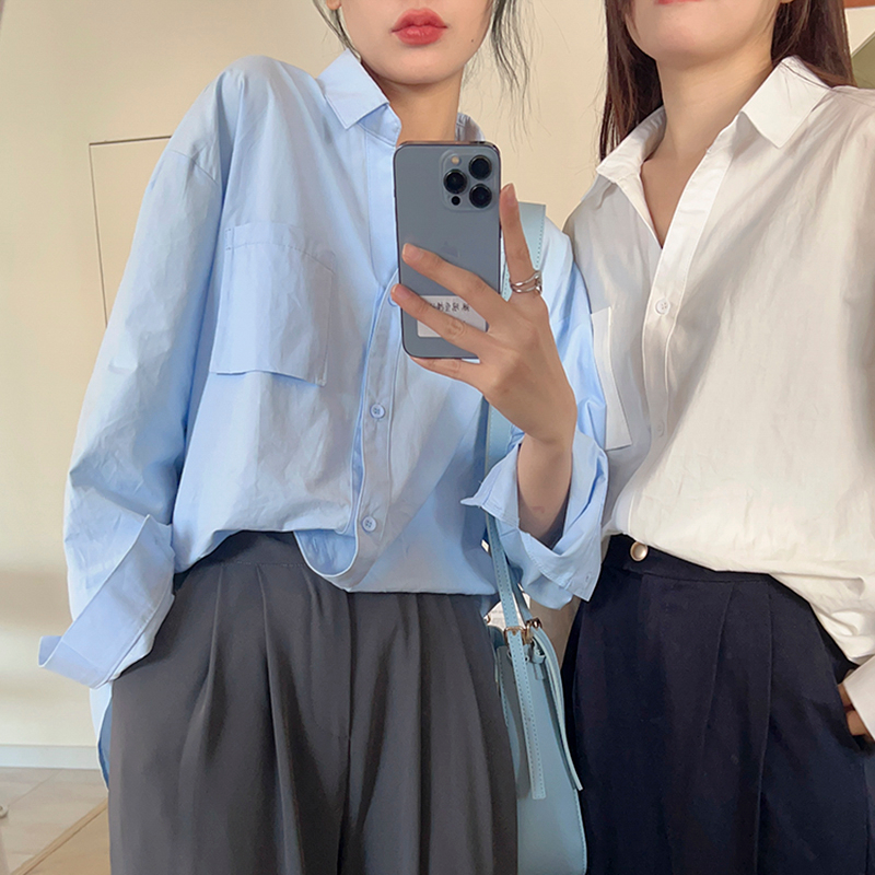 藍色襯衫女設計感小眾上衣早春新款韓版寬鬆休閒港風純棉長袖襯衣