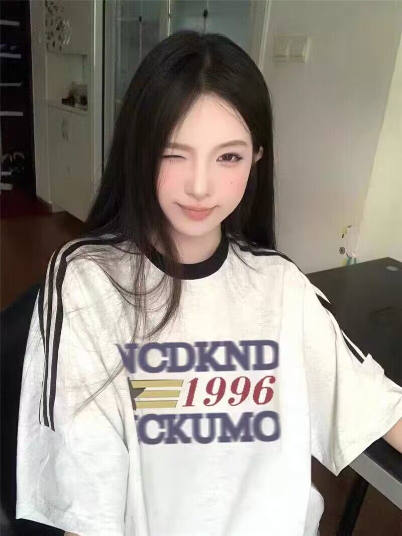 純棉200克21支精梳精密直播品質前 印花三條槓落肩短袖t恤女