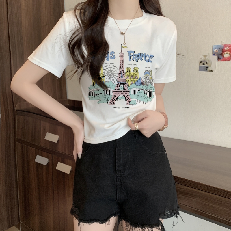 復古chic港味純棉短袖正肩t恤女ins潮夏季oversize設計感寬鬆上衣