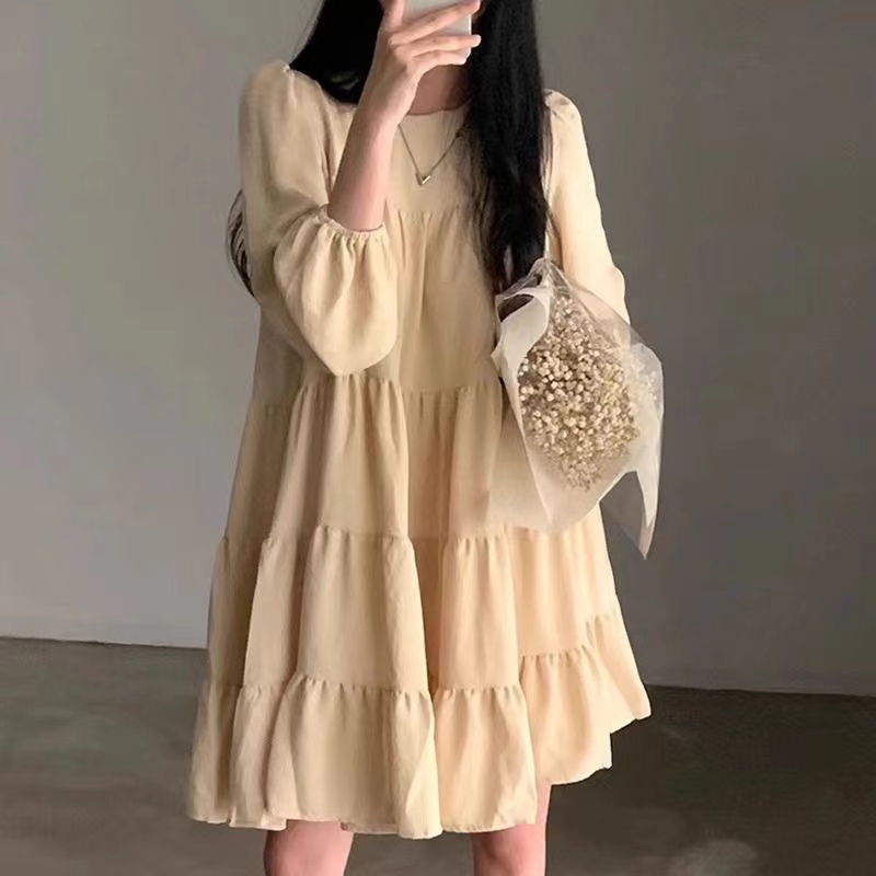 韓國chic復古時尚氣質減齡休閒寬鬆褶皺泡泡袖連衣裙娃娃裙