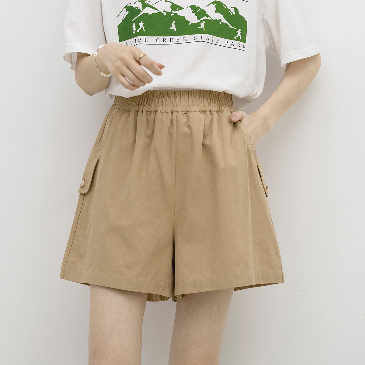 純棉斜紋短褲女夏寬鬆新韓版緊高腰休閒A字闊腿運動外穿熱褲