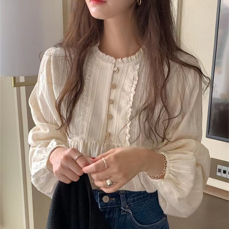 韓國chic春季減齡復古溫柔甜美小姐姐褶皺小花邊系扣純欲圓領襯衫