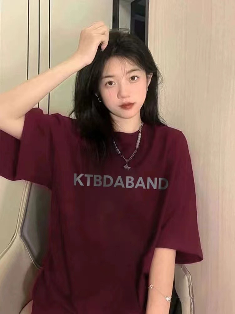純棉酒紅色短袖t恤女2024新款夏季寬鬆美式復古小眾潮牌上衣