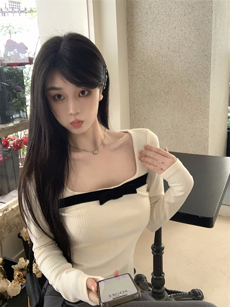 實拍 純欲甜辣妹方領短款上衣女蝴蝶結顯身材內搭T恤