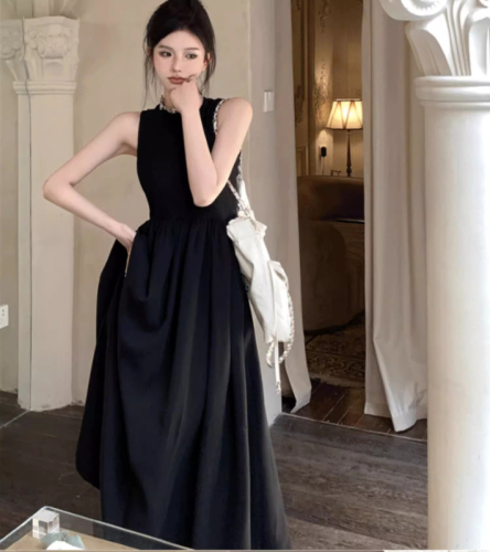 Official picture of sleeveless vest dress for women French retro high-end sexy waist design hollow backless long skirt