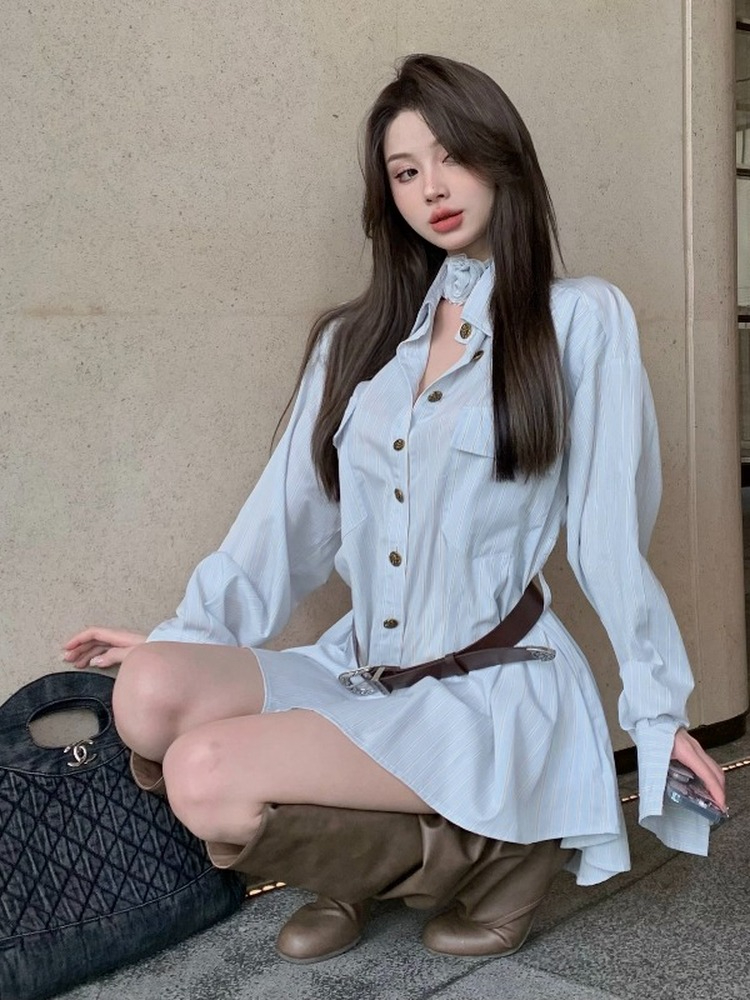 寬鬆韓版polo領襯衫連衣裙女秋季設計感長袖襯衣裙子收腰a字短裙