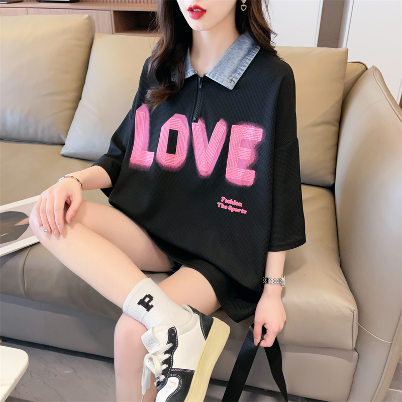 Real shot of quality summer Korean style loose back collar waffle letter print large size short-sleeved T-shirt for women