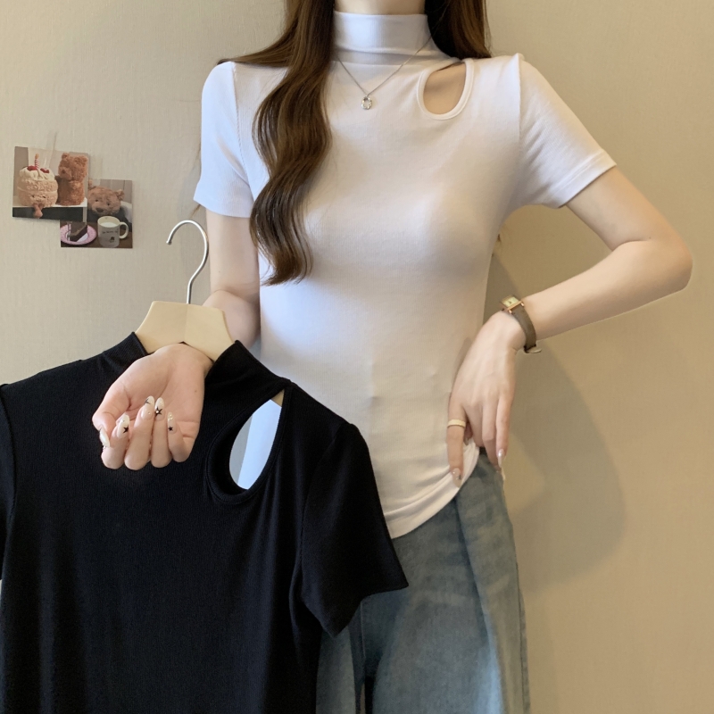 2024春夏新款設計感半高領鏤空打底衫女純棉顯瘦別致百搭短袖t恤