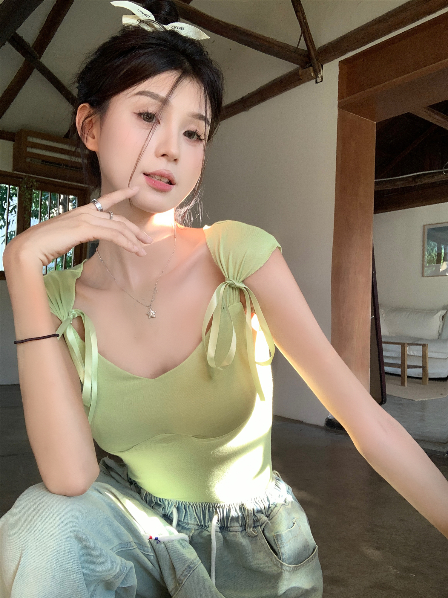 Real shot~Milk Desire Puff Pure Lust Wind Bow Slim Fit Top