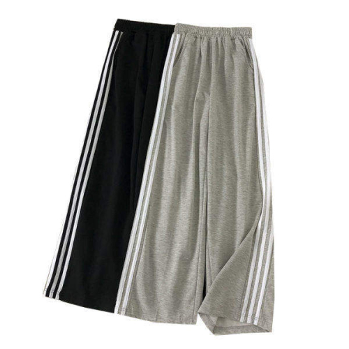 502# American gray striped sports pants for women autumn and winter new casual sports wide leg pants for women