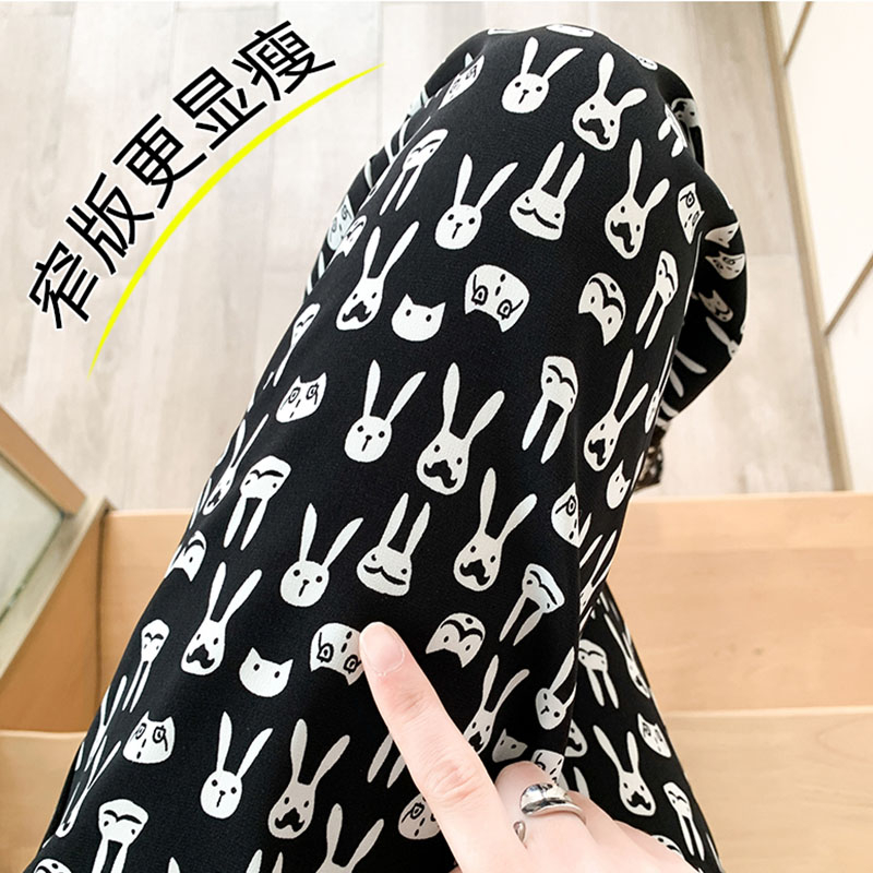 高腰垂感闊腿拖地褲子女春秋新款小兔印花顯瘦休閒直筒褲