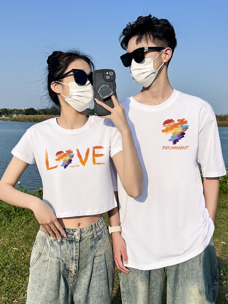 網紅ins超火不一樣情侶裝夏裝純棉t恤小眾一長一短高級感潮流半袖