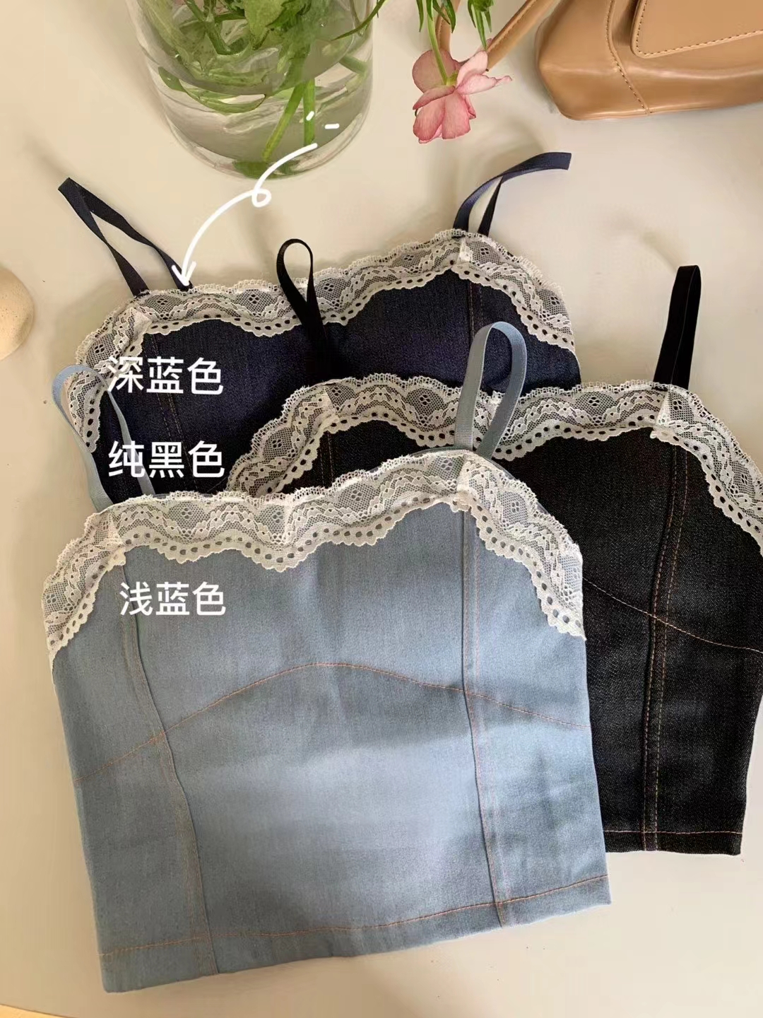 性感設計感拼接蕾絲邊吊帶外穿復古牛仔帶胸墊背心抹胸上衣女