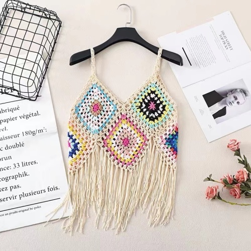 Ethnic style retro embroidered tassel knitted crochet women's fashionable suspender top