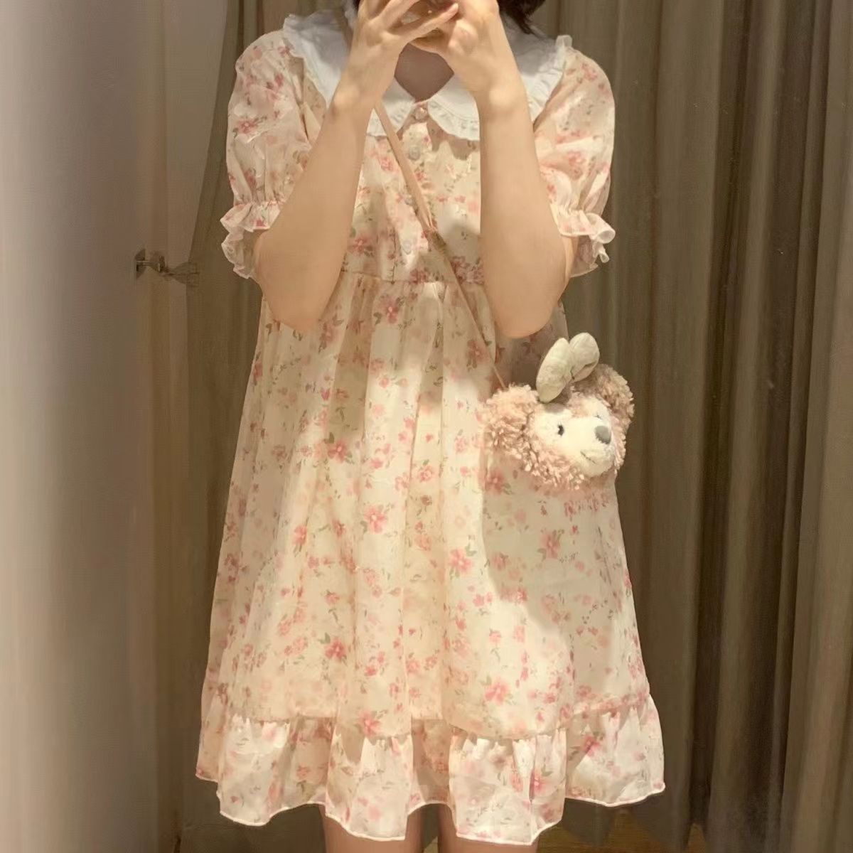 碎花甜美可愛少女娃娃領連衣裙小個子短款公主裙女學生