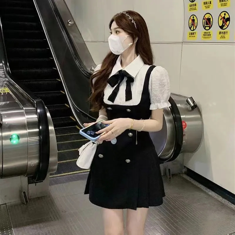 甜純富家女泡泡袖連衣裙女夏季韓版顯瘦短袖娃娃領假兩件裙子