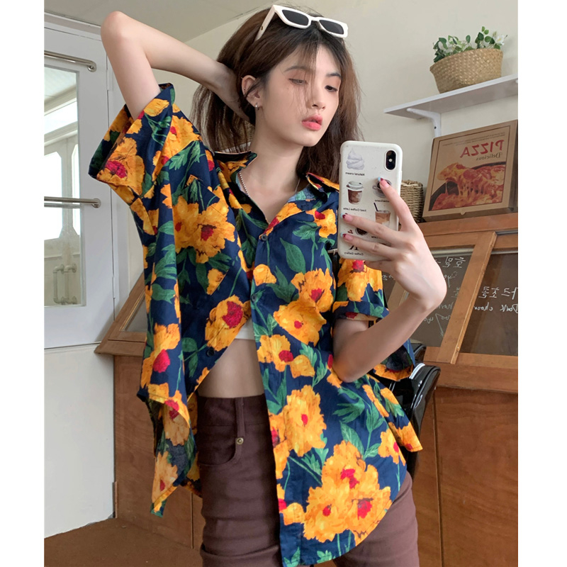 Four-sided elastic print Hong Kong style Hawaiian short-sleeved floral shirt loose Japanese retro niche shirt