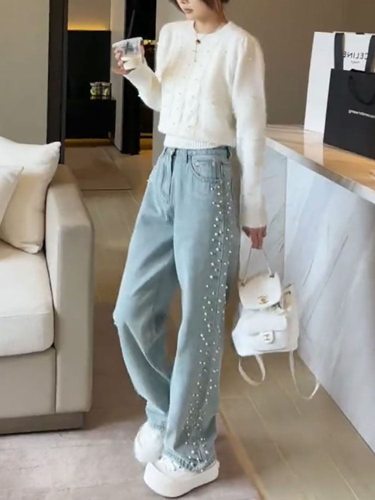 美式氣質牛仔褲女闊腿高腰垂感寬鬆休閒直筒拖地褲秋季新款