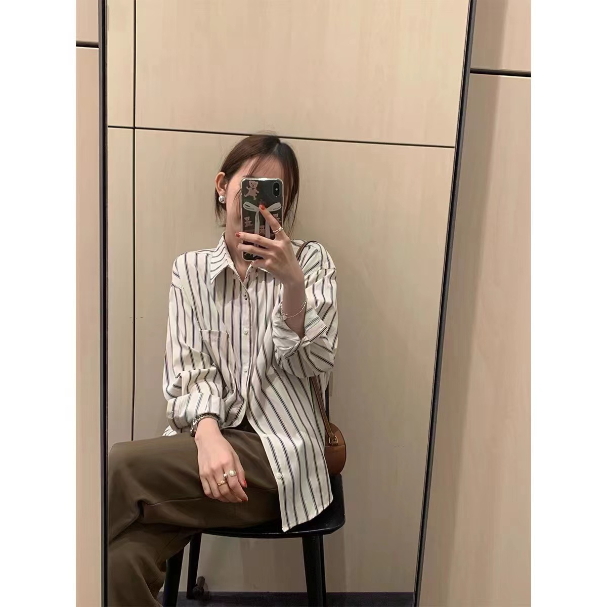 杏色條紋襯衫女2024春秋季新款設計感小眾襯衣韓版疊穿上衣