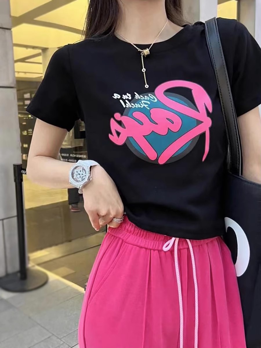 短款玫紅R字母短袖T恤女2024新款夏季黑色圓領顯瘦甜酷修身上衣