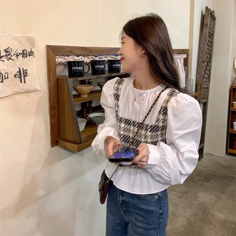 2024休閒年假兩件格子長袖寬鬆襯衫女設計感潮小眾法式小香風上衣