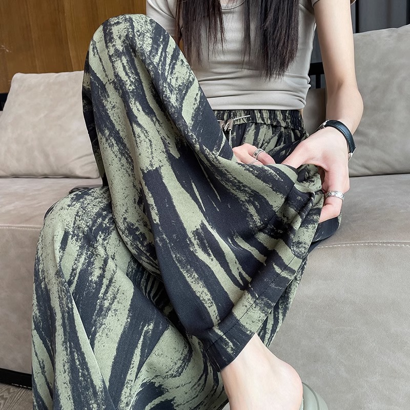 冰絲扎染闊腿褲女夏季薄款高腰垂感慵懶風直筒寬鬆顯瘦休閒拖地褲
