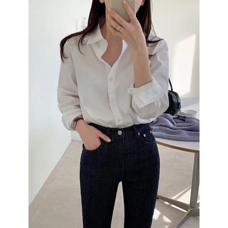 純棉長袖白色襯衫女簡約通勤韓版打底百搭寬鬆氣質polo領內搭上衣