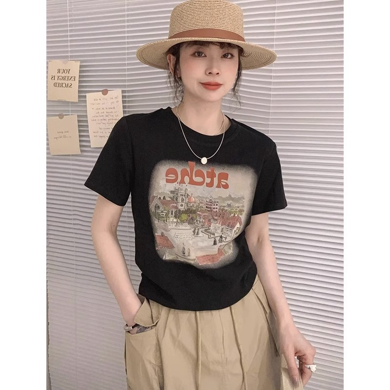 韓版時尚百搭洋氣彩色字母地圖印花休閒簡約短袖T恤女